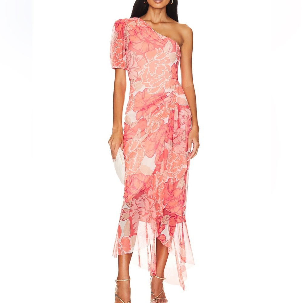 BCBGMAXAZRIA One Shoulder Midi Floral Dress